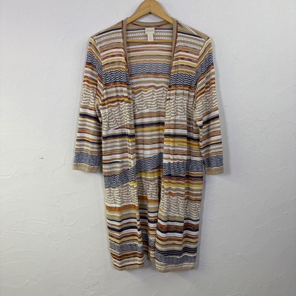 Chicos Cardigan Sweater Womens 2 L Open Front Striped Pointelle Knit Boho Casual